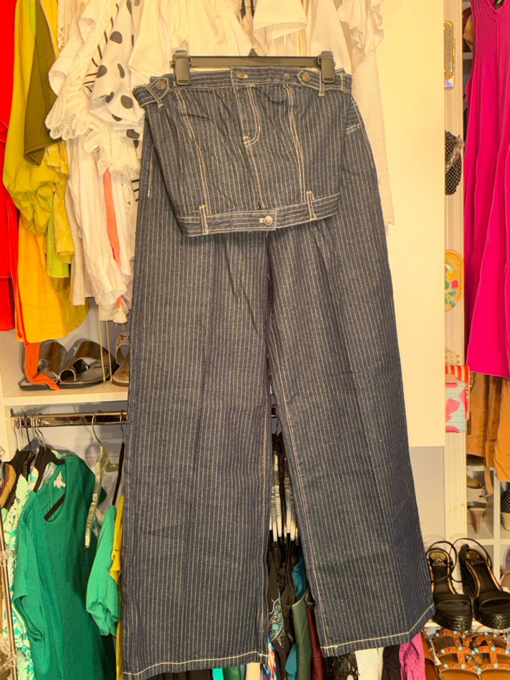 Fashion Nova Dark Blue Pinstripe 2 Piece Wide-Leg Jeans Set.